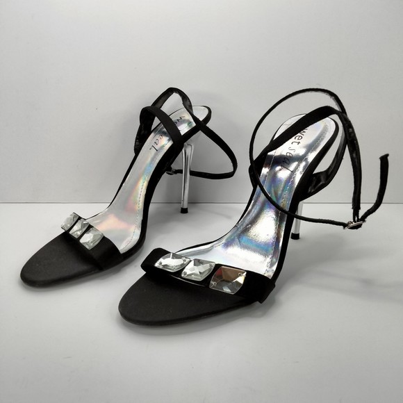 WET SEAL Sandals Ankle Strap Black Satin & Diamonds Silver 4.5" Stilettos Sz 9 - Picture 3 of 14